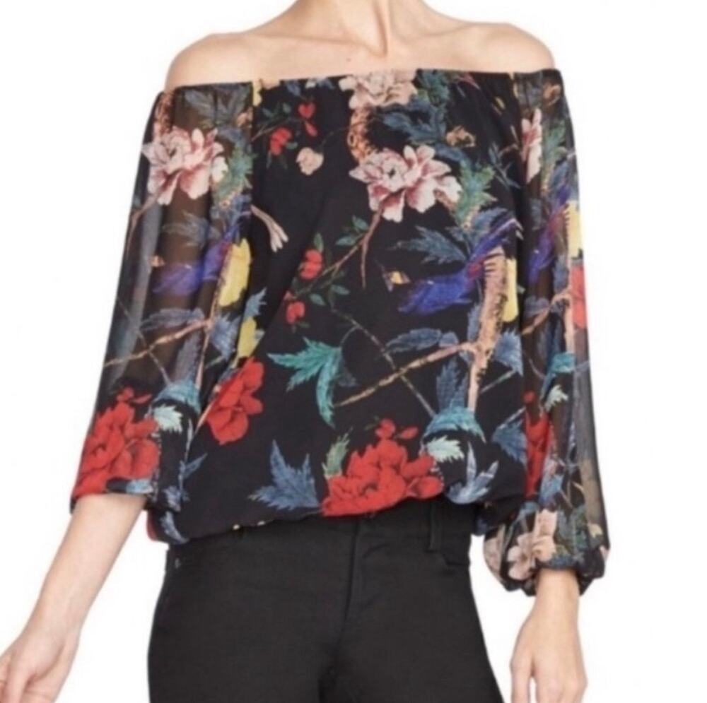 Alice and Olivia floral off shoulder sheer sleeve blouse